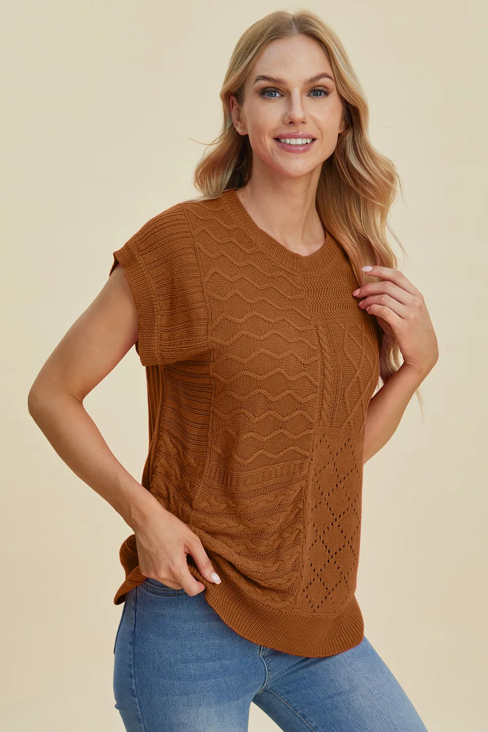 Double Take Full Size Cable-Knit Round Neck Cap Sleeve Sweater 