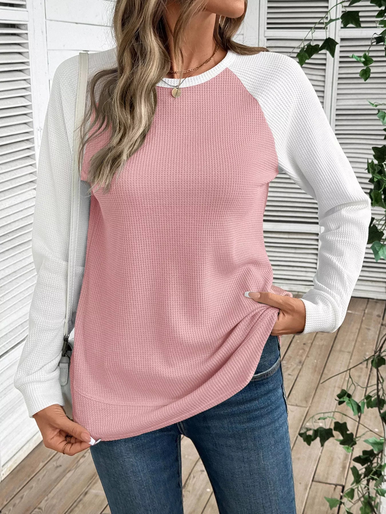 Contrast Raglan Sleeve Waffle Knit T-Shirt 