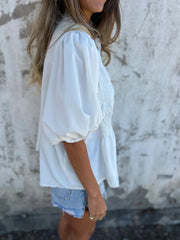 Full Size Smocked Button Front Puff Sleeve Shirt Plus Size 