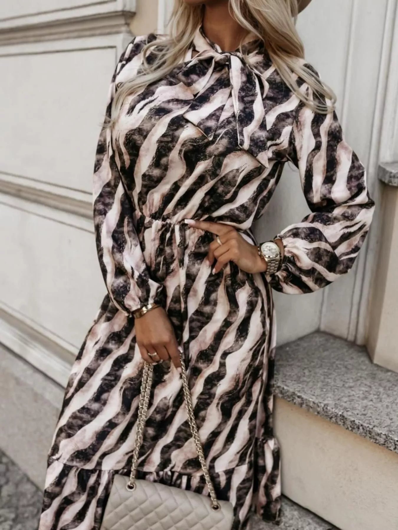 Ruffled Hem Striped Long Sleeve Dress 