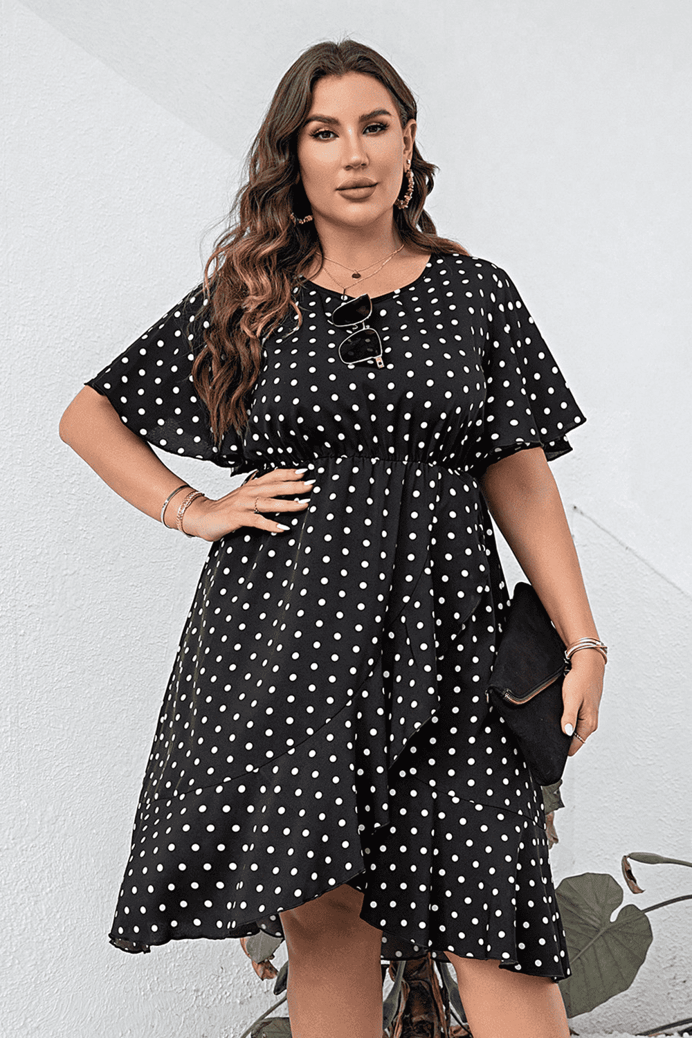 Plus Size Polka Dot Flutter Sleeve Dress 