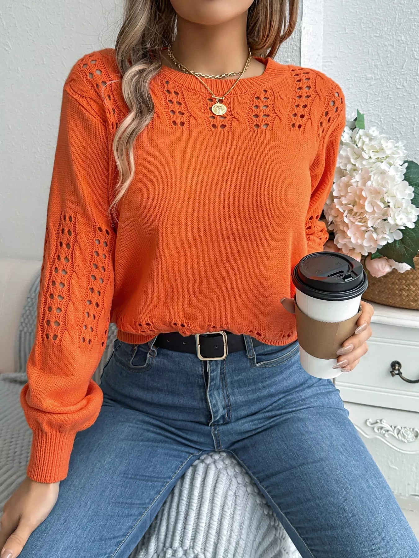 Hollow Out Eyelet Long Sleeve Sweater 
