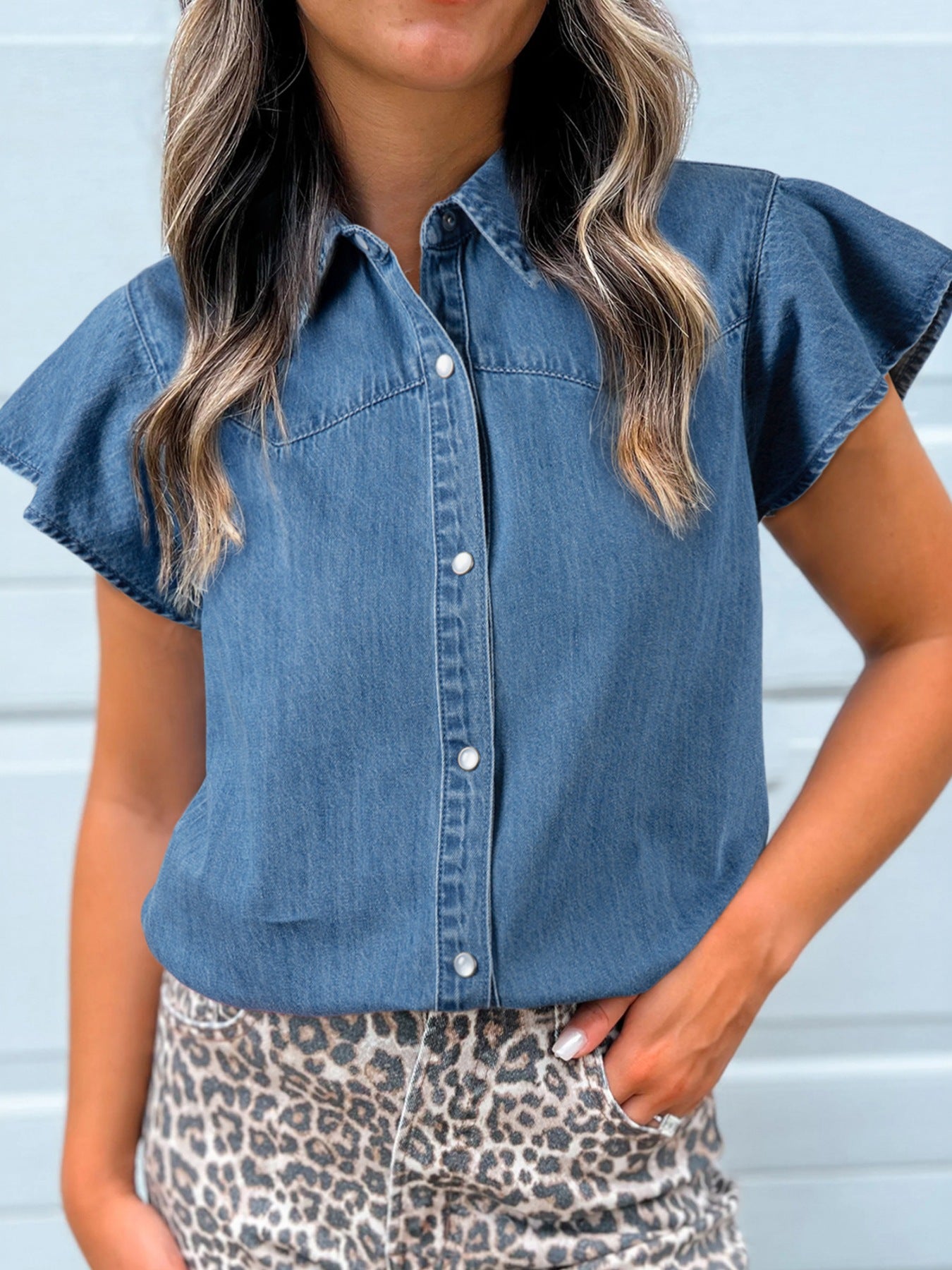 Ruffled Short Sleeve Denim Shirt 