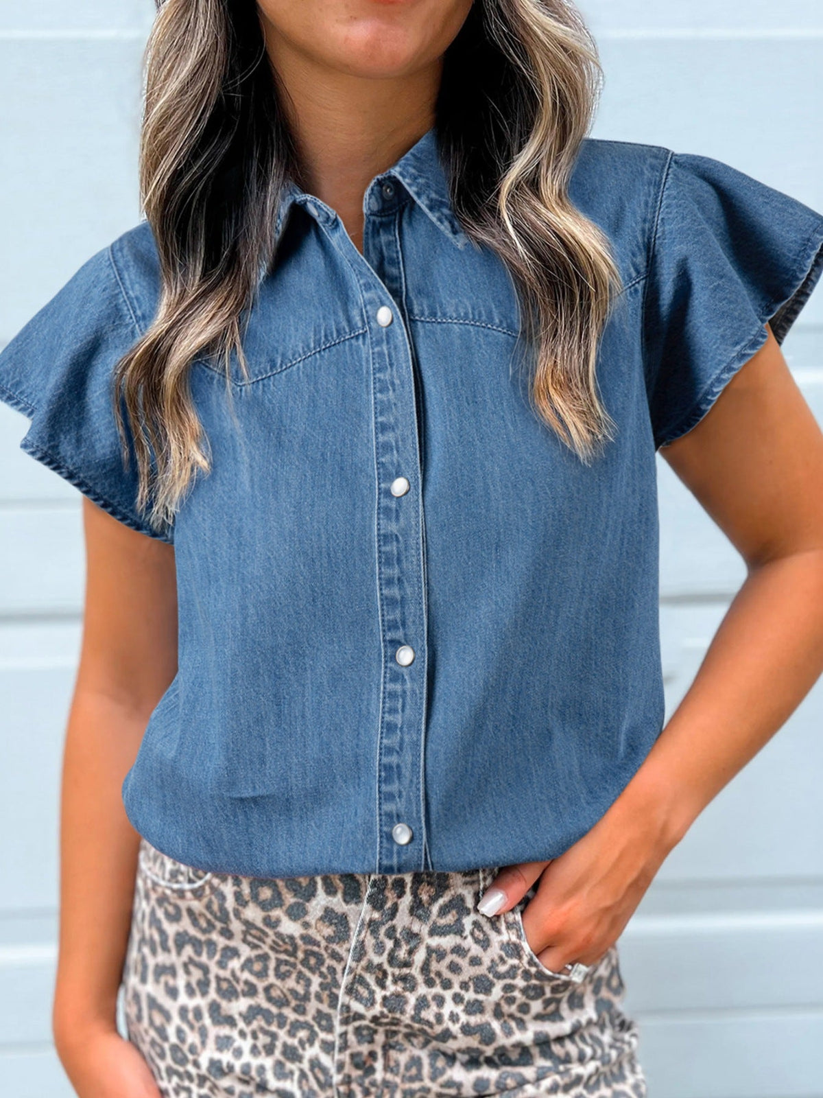 Ruffled Short Sleeve Denim Shirt 