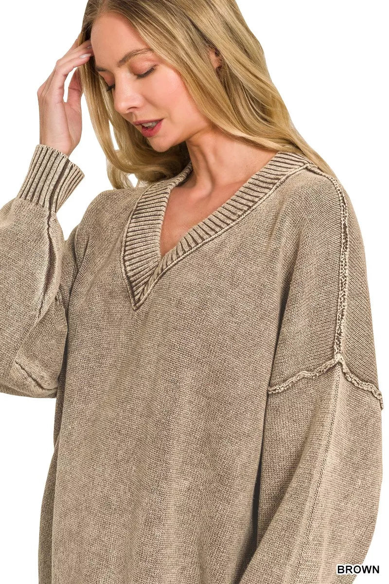 Zenana Washed Deep V-neck Oversized Sweater 