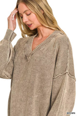 Zenana Washed Deep V-neck Oversized Sweater 