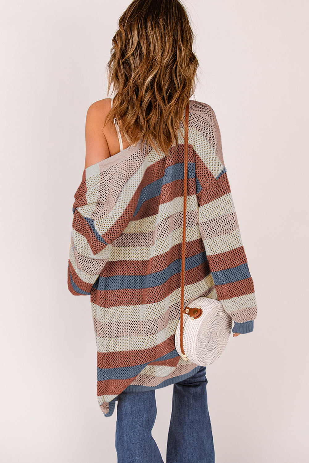 Full Size Striped Long Sleeve Openwork Cardigan 