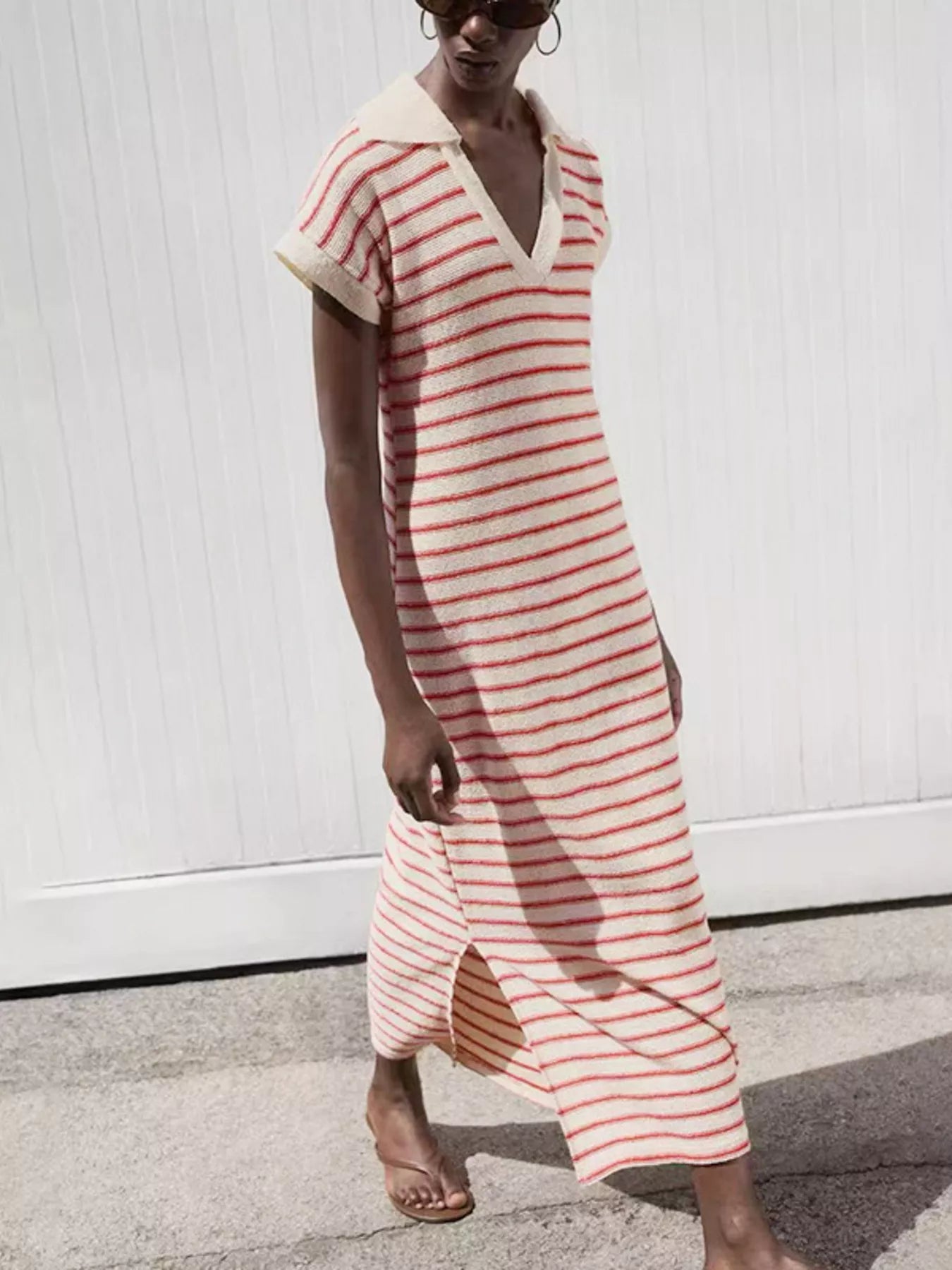 Striped Slit Short Sleeve Maxi Dress 