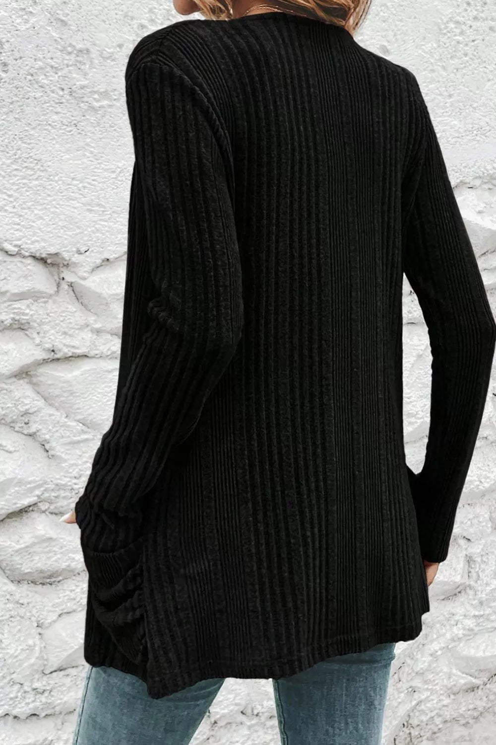 Ribbed Knit Open Front Cardigan with Pockets 