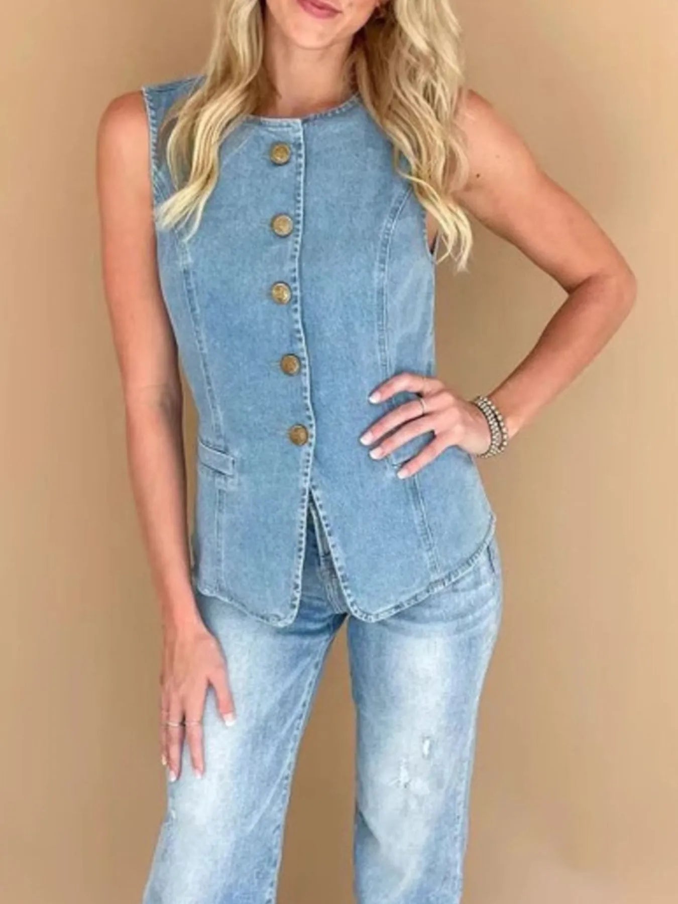 Sleeveless Button-Front Denim Vest 