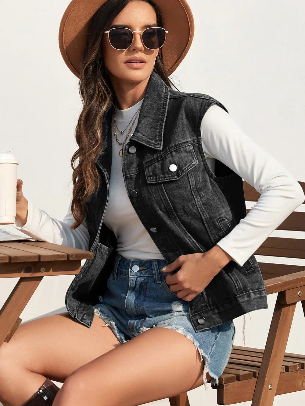 Collared Neck Sleeveless Denim Jacket 