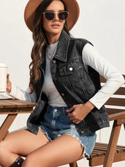 Collared Neck Sleeveless Denim Jacket 