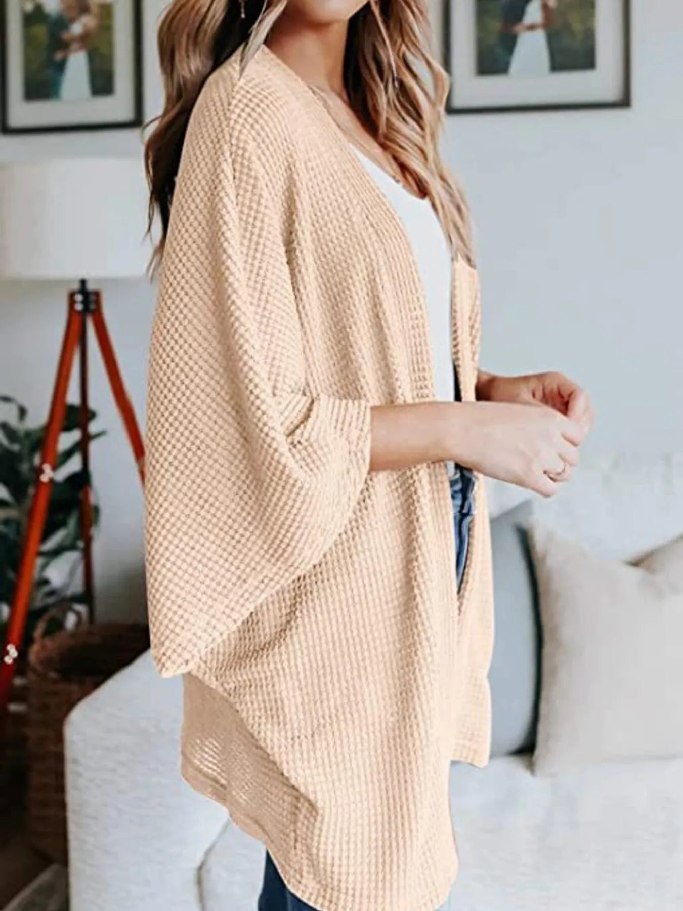 Full Size Open Front Waffle Knit Cardigan Plus Size 