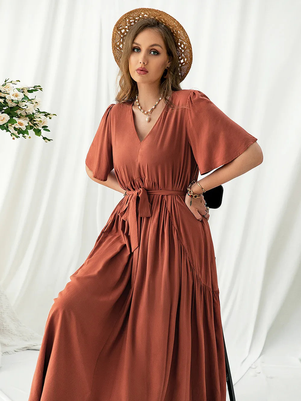 Plus Size V-Neck Flutter Sleeve Midi Dress 