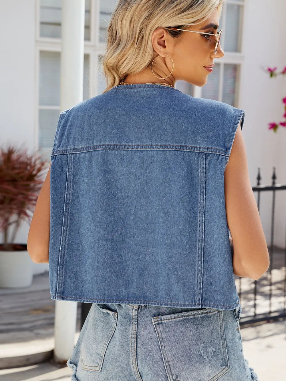 Pocketed Button Up Sleeveless Denim Jacket 