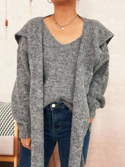 Ribbed Hem V-Neck Sweater with Shawl 