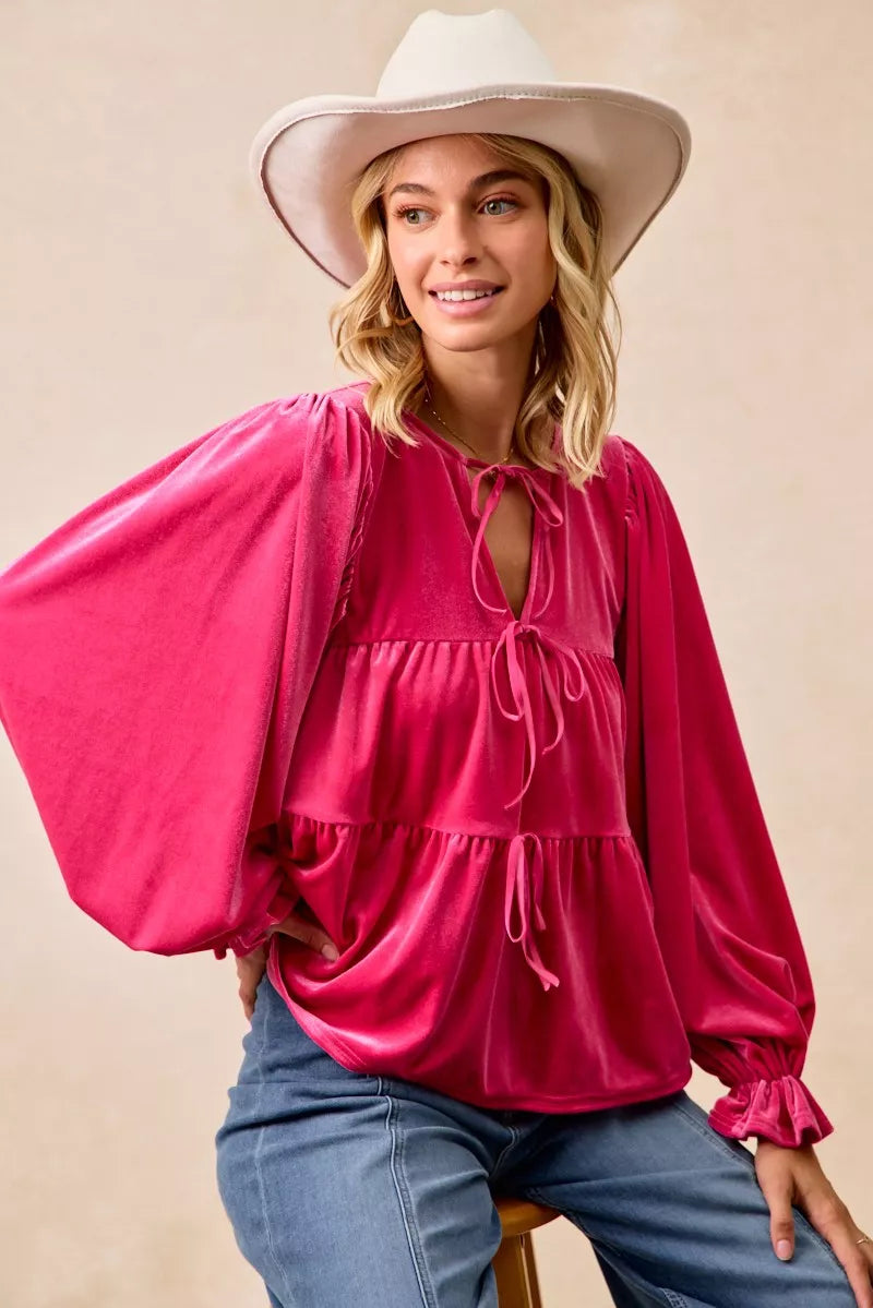 BiBi Christmas Theme Velvet Bow Tied Blouse 