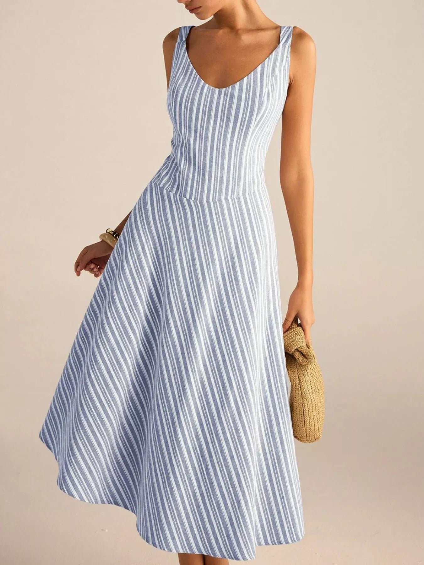 Full Size Striped Sleeveless Midi Dress Plus Size 
