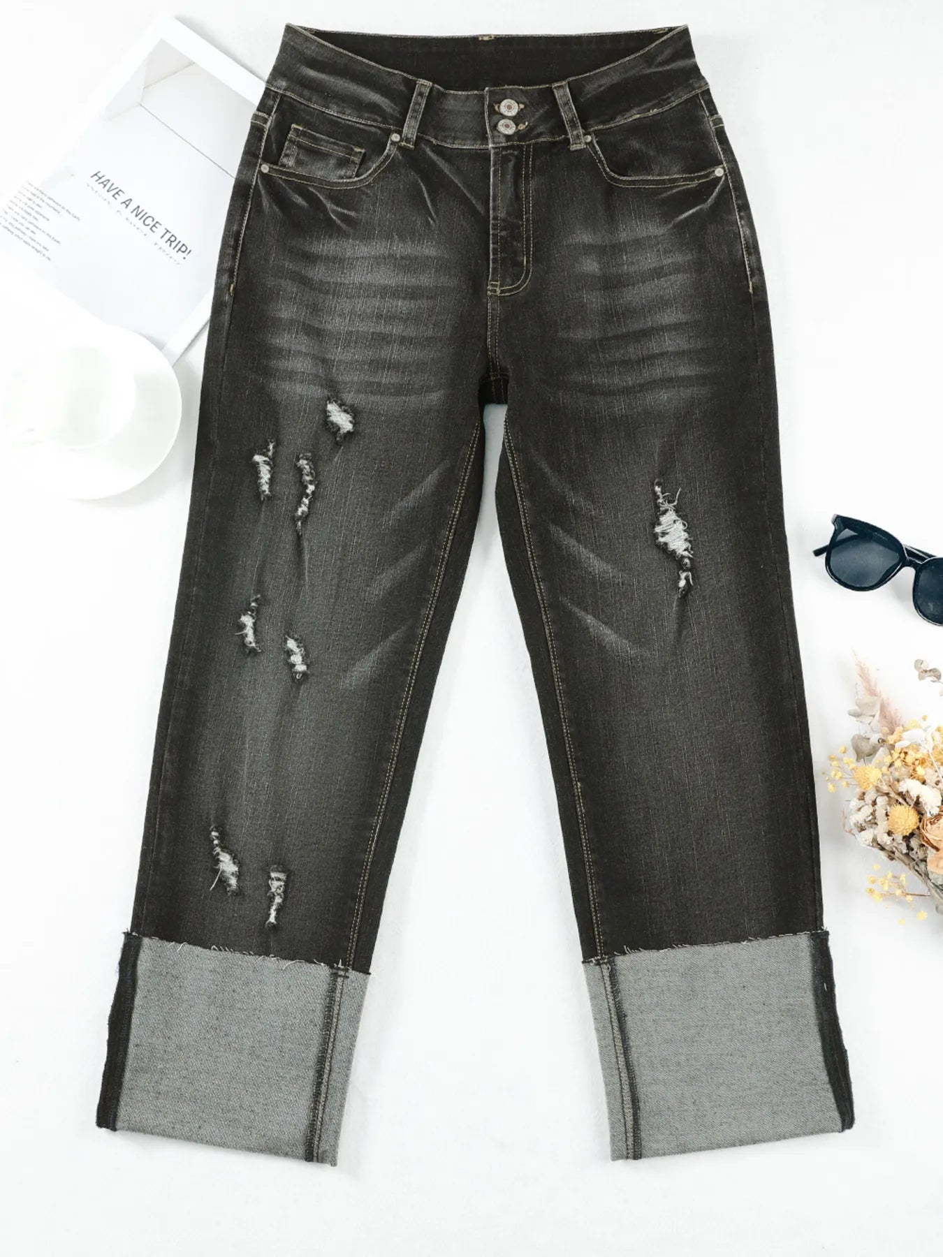 High Waist Distressed Straight Leg Jeans 