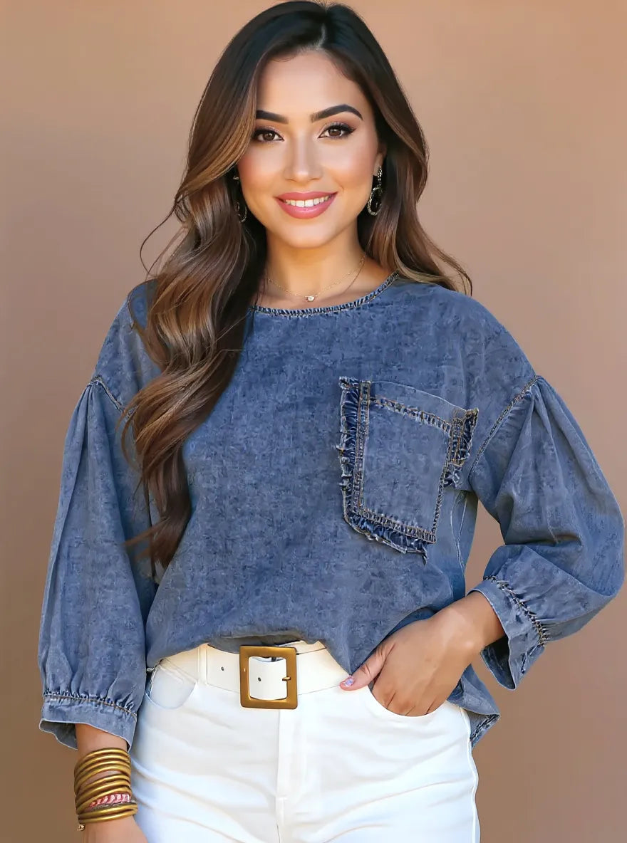 3/4 Sleeve Ruffled Patched Pocket Denim Blouse 