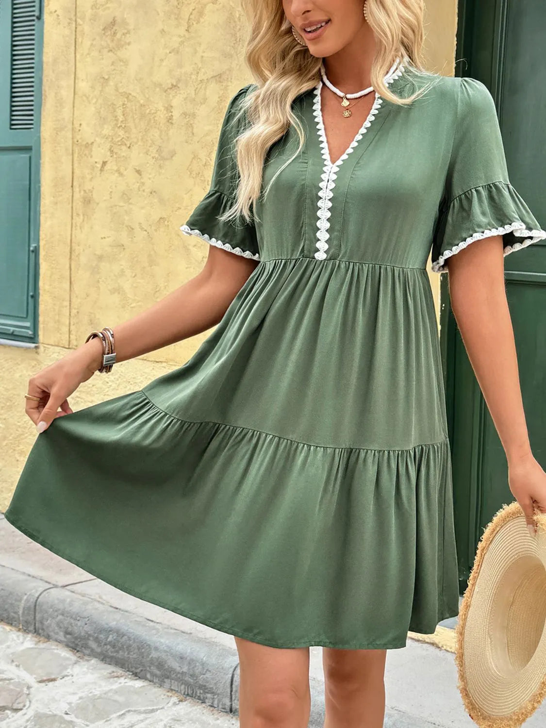 Lace Detail Notched Flounce Sleeve Mini Dress 