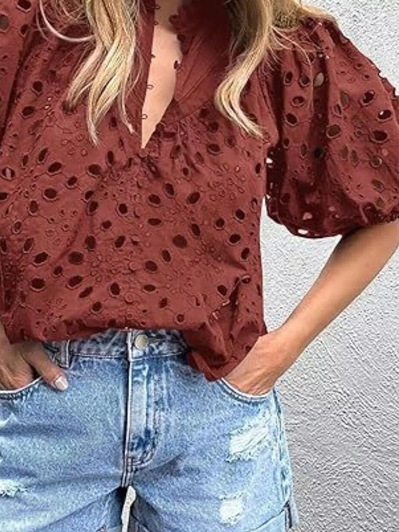 Eyelet Embroidered Puff Sleeve Blouse 