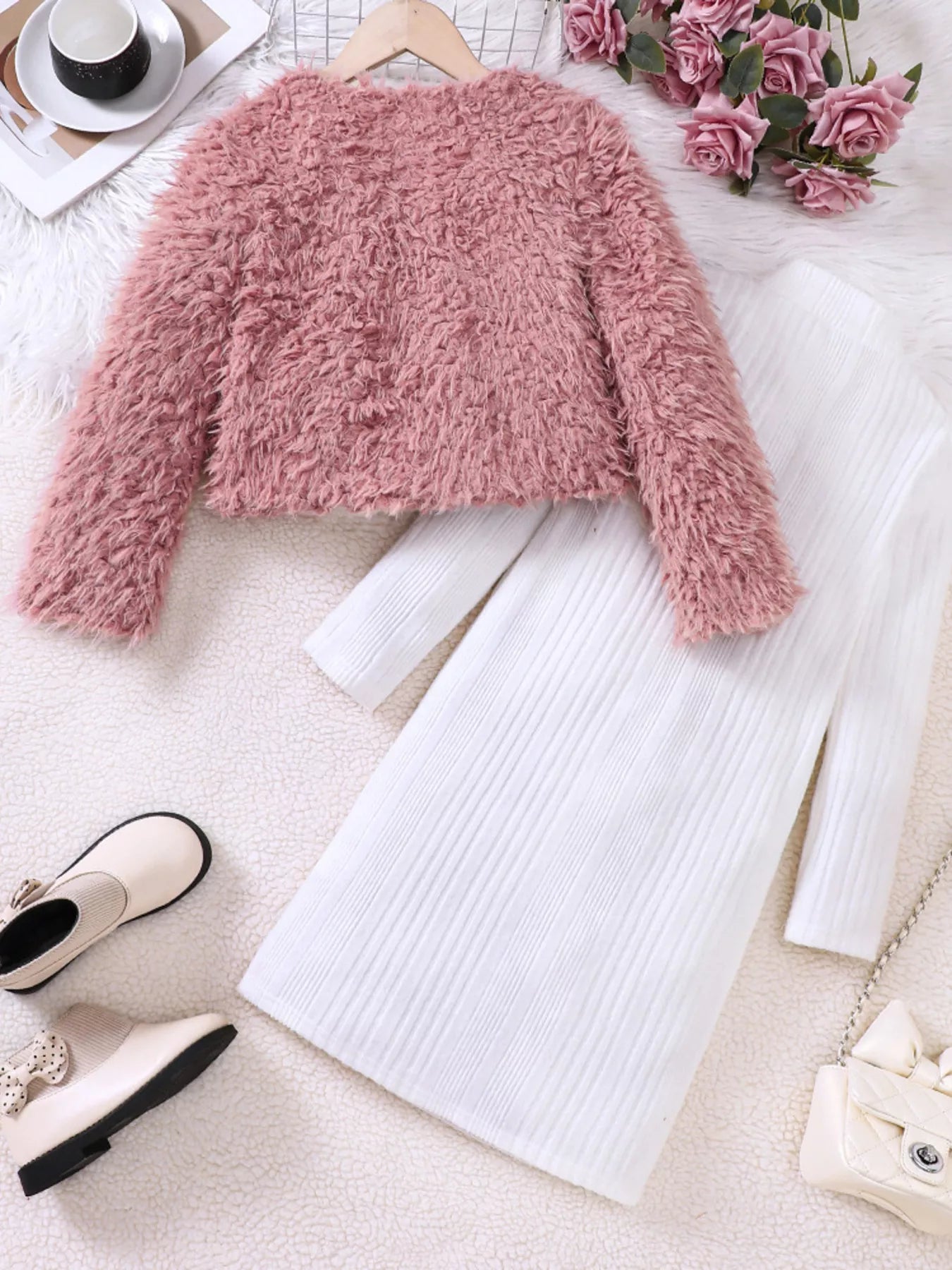 Children's Faux Fur Jacket & Ribbed Dress Set 