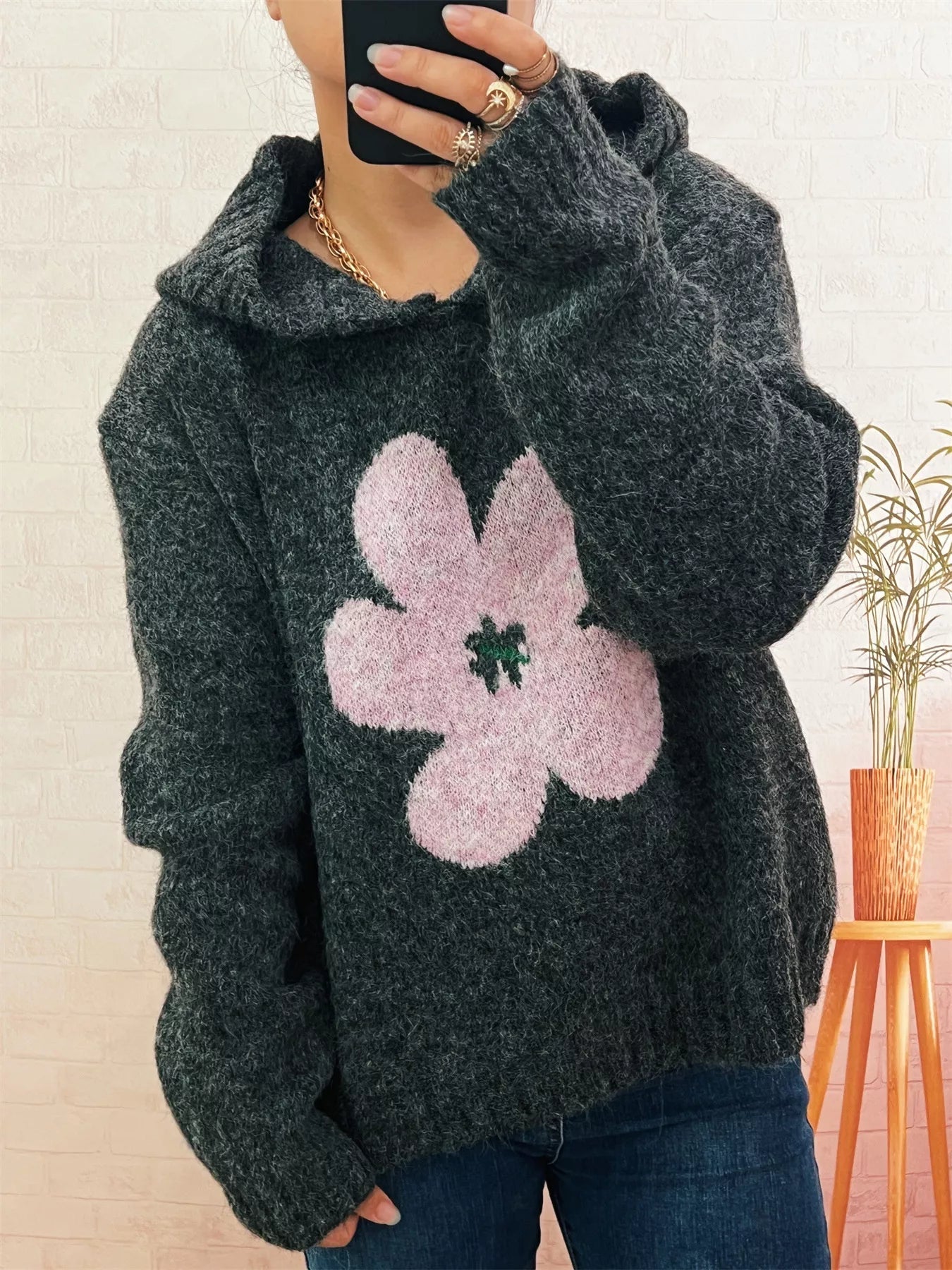Flower Long Sleeve Hooded Sweater 