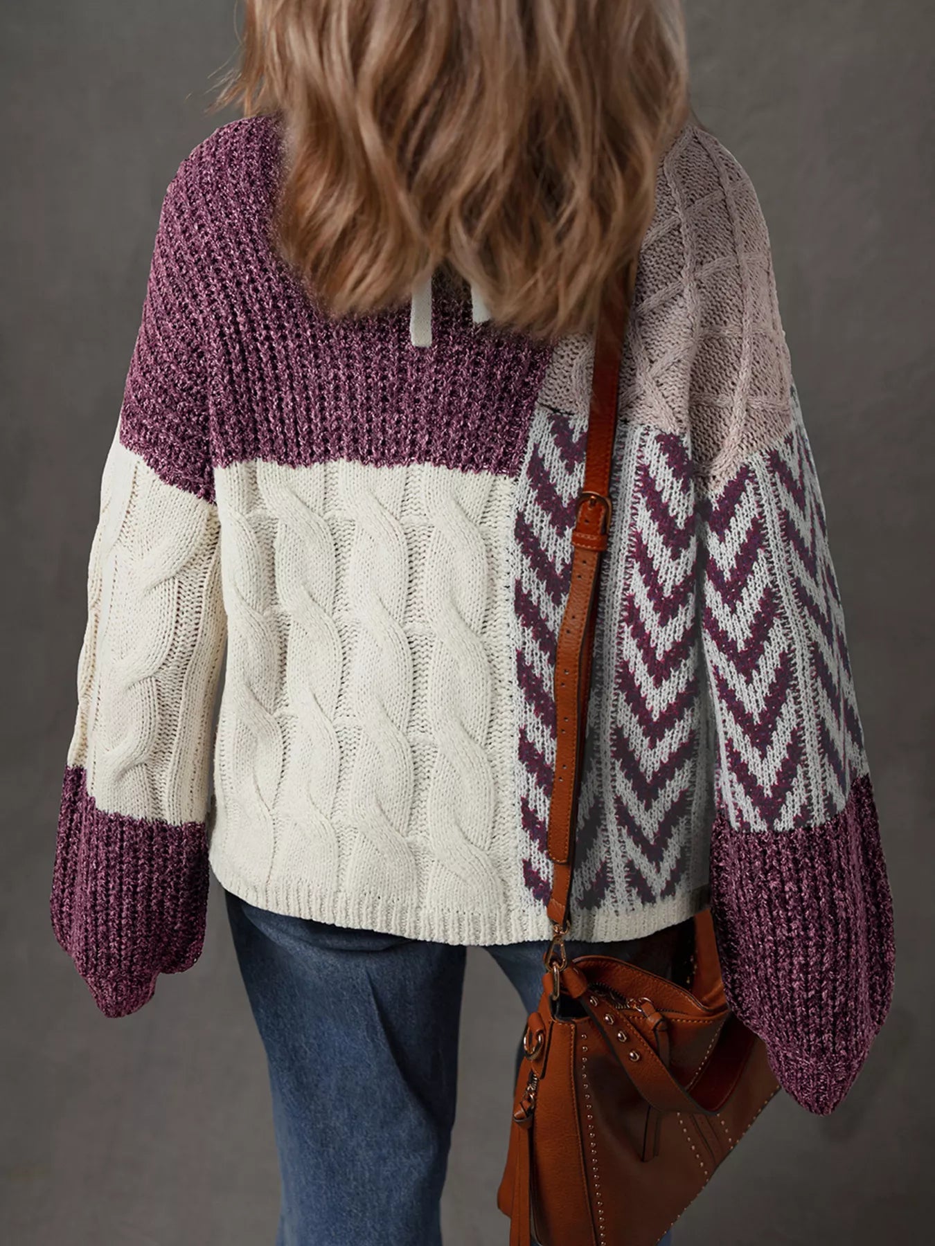 Color Block Patchwork Knotted Back Loose Fit Sweater 