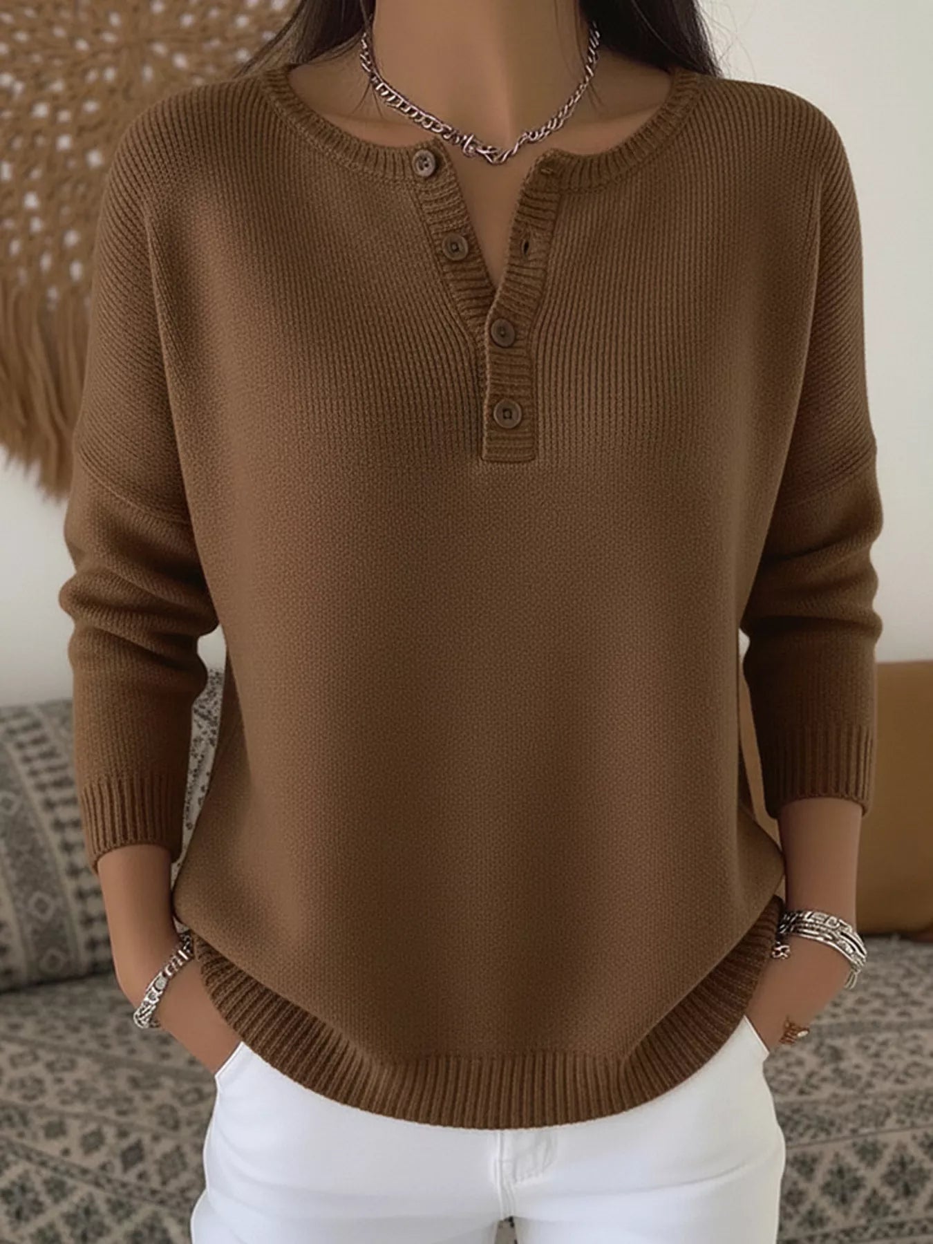 Full Size Half Button Long Sleeve Knit Top Plus Size 