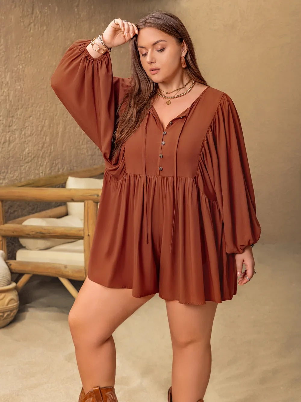 Plus Size Ruched Tie Neck Balloon Sleeve Romper 