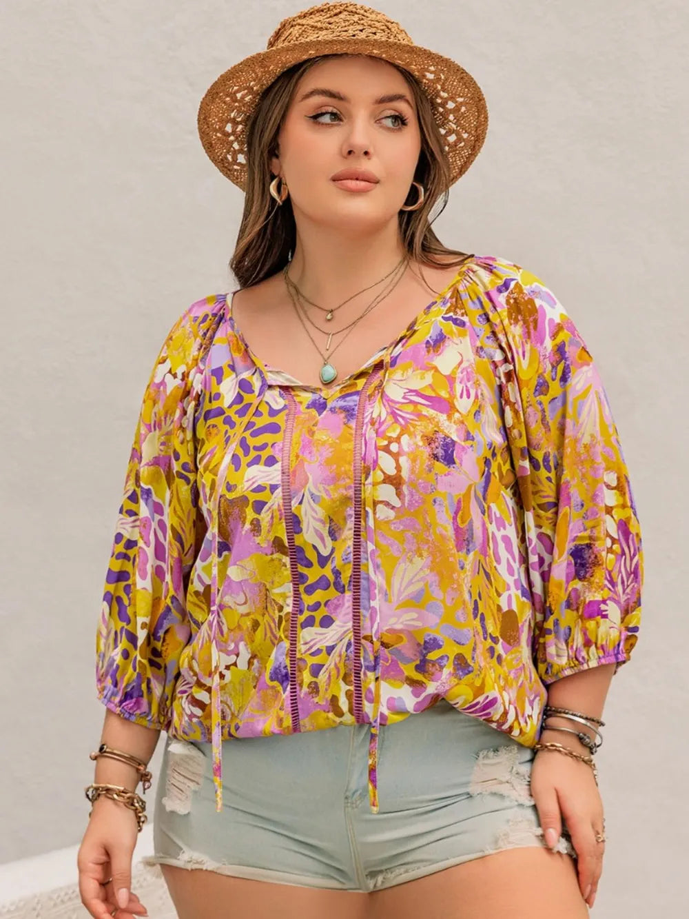 Plus Size Printed Tie Neck Blouse 