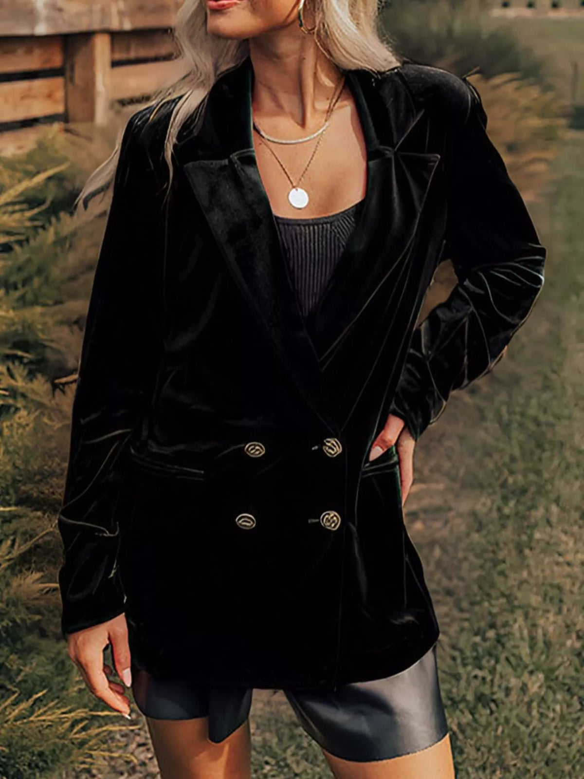 Velvet Lapel Collar Button Up Blazer 