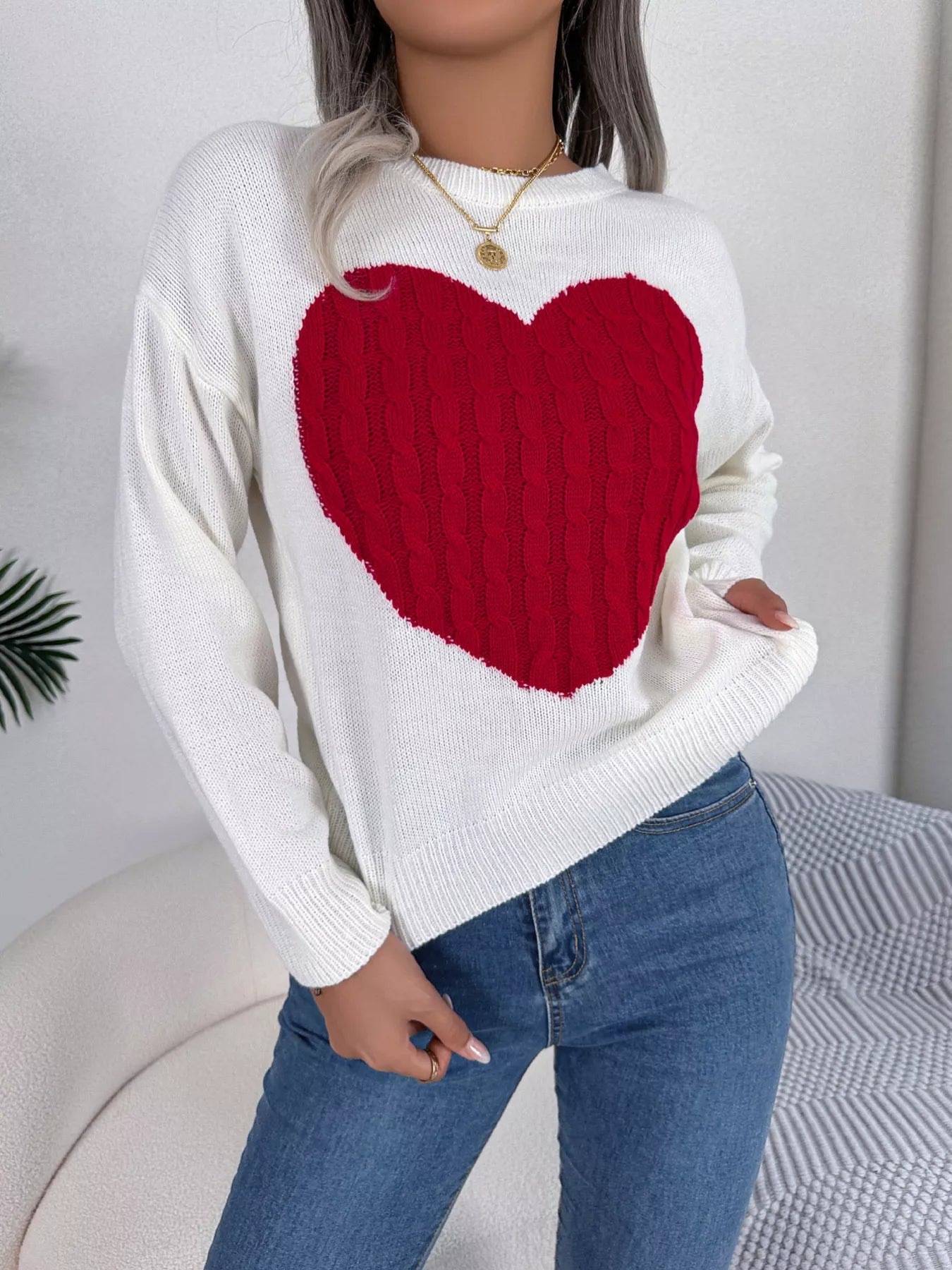 Cable Knit Heart Round Neck Sweater 