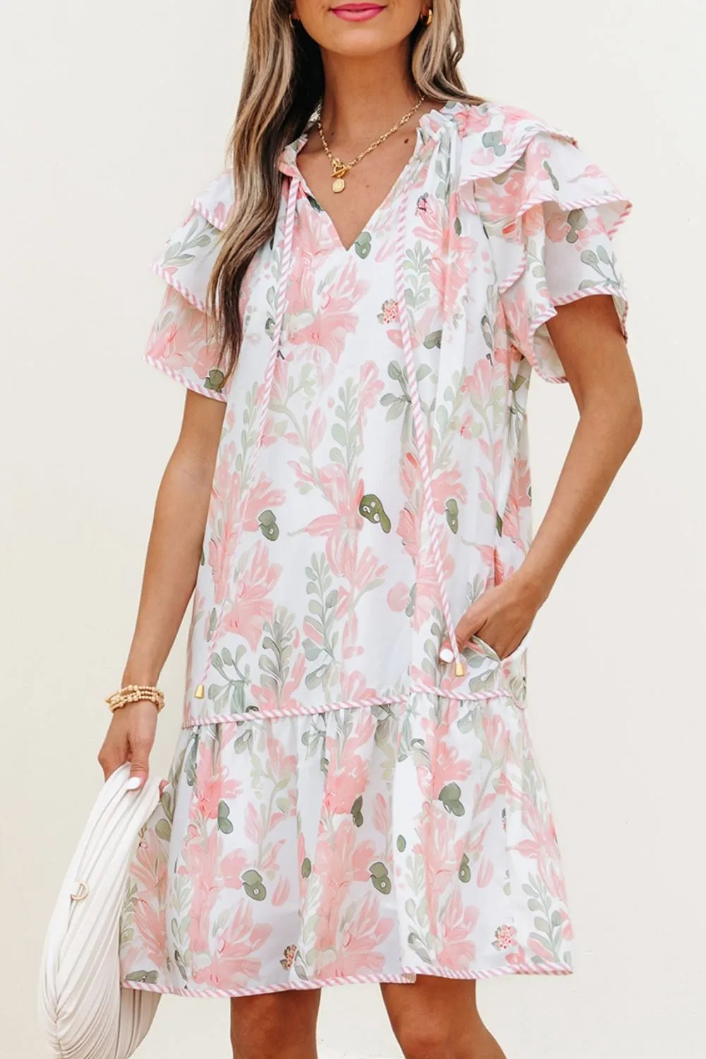 Floral Contrast Edge Layered Short Sleeve Mini Dress 