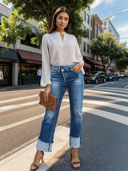 Stepped Waist Raw Hem Rolled Straight Jeans 