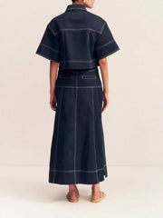 High-Waist Side Slit Contrast Stitch Denim Maxi Skirt 