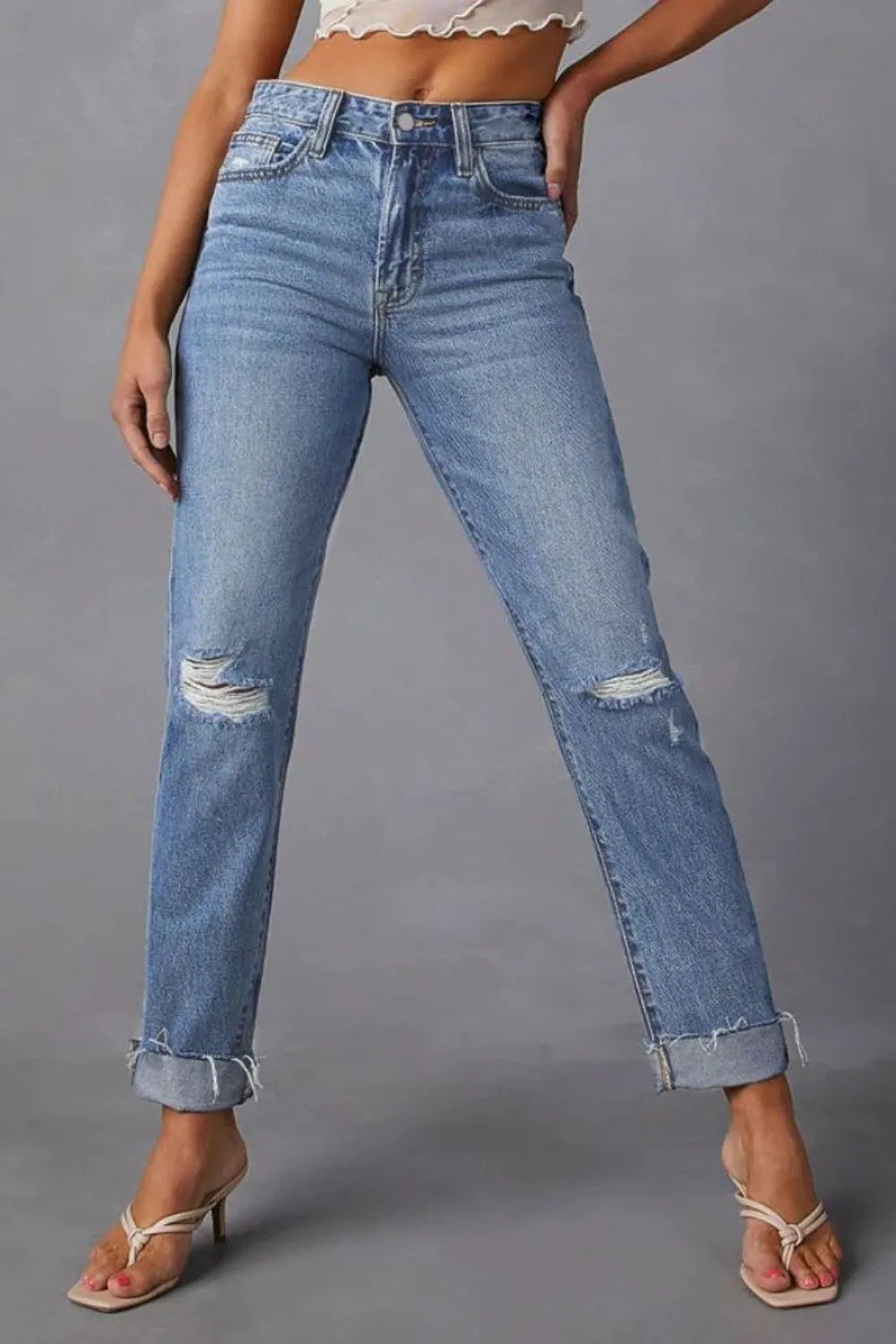 Distressed Raw Hem Straight Jeans with Pockets 