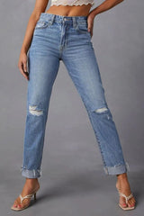 Distressed Raw Hem Straight Jeans with Pockets 