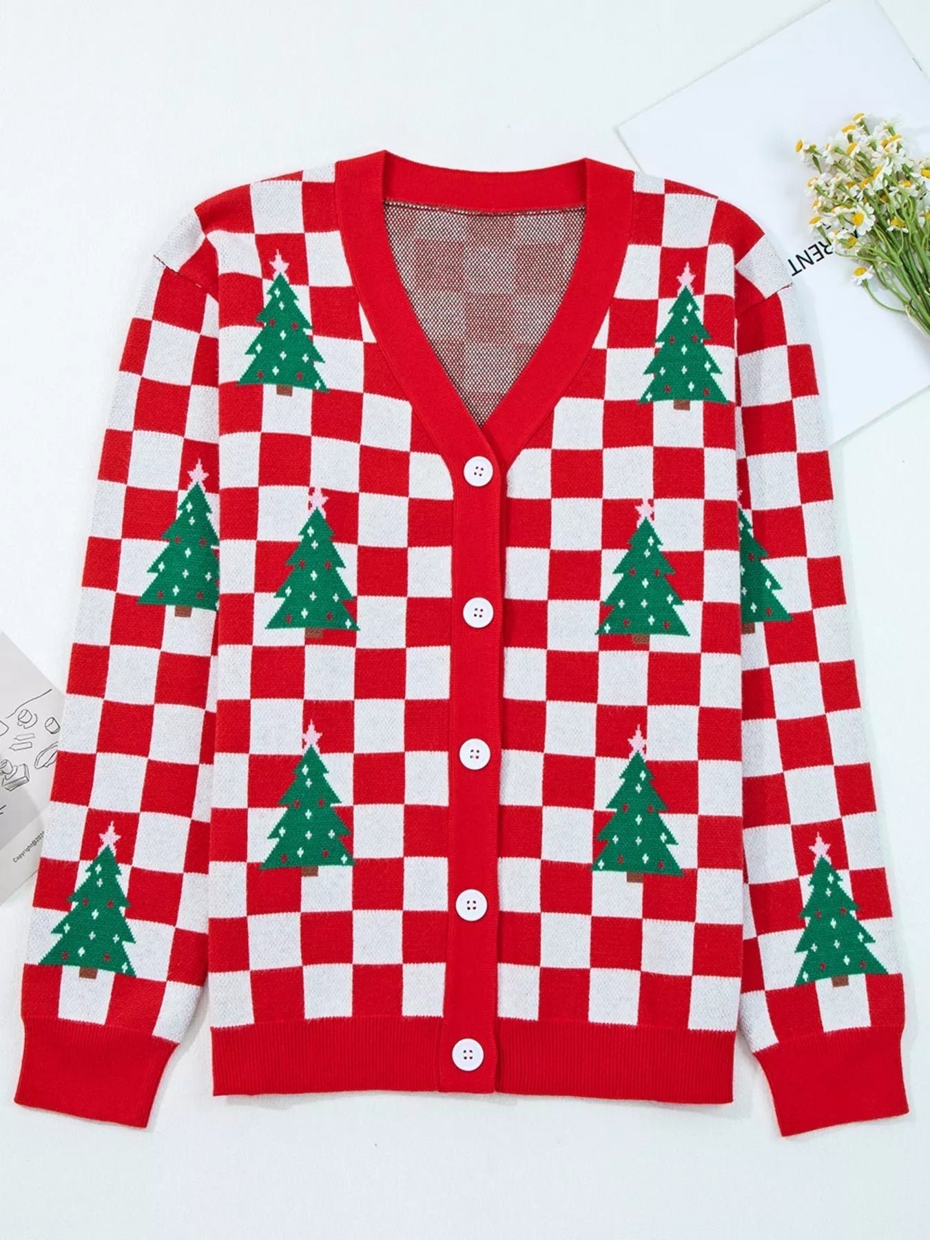 Christmas Tree Pattern Checkered Button V Neck Cardigan 