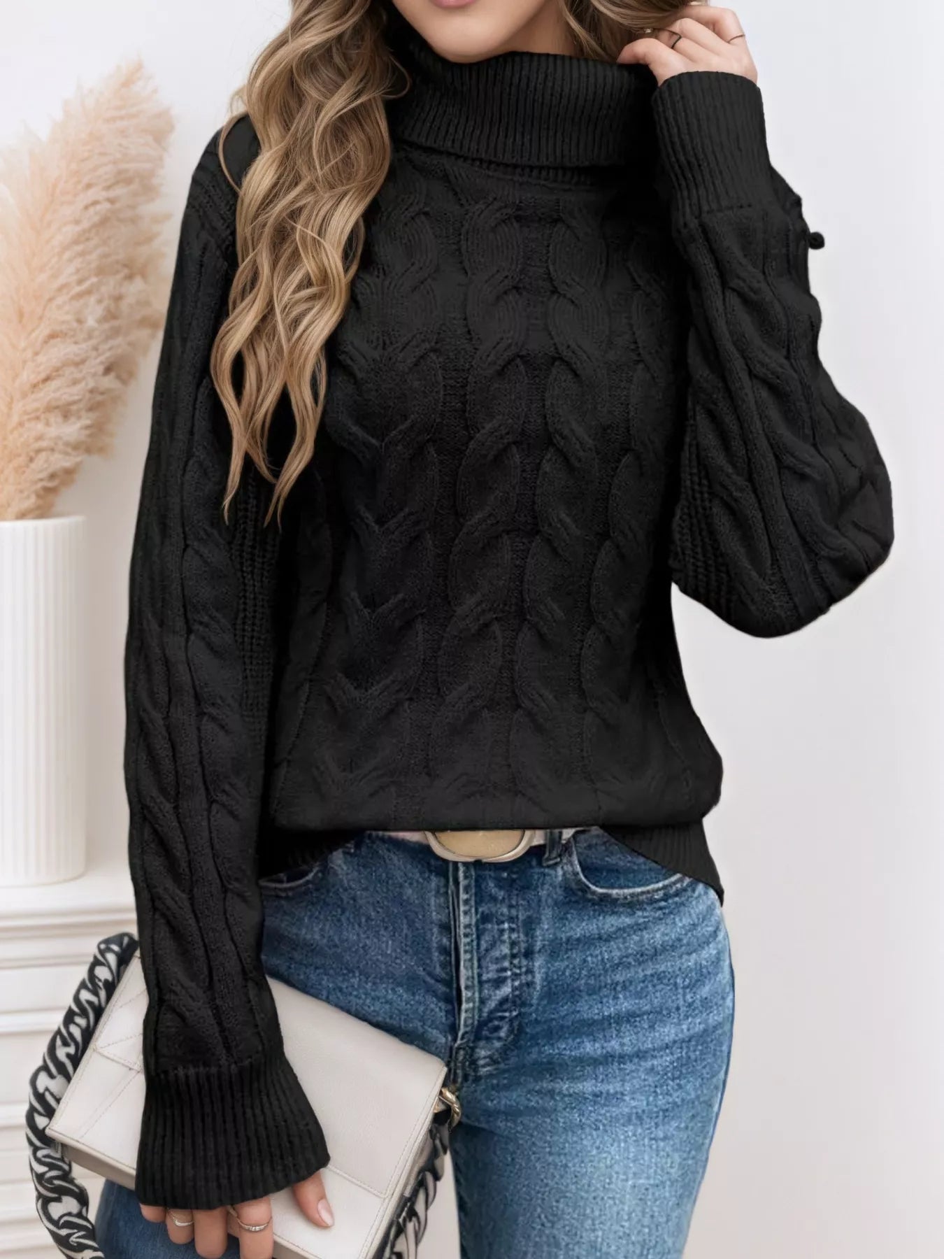 Cable Knit Turtleneck Long Sleeve Sweater 