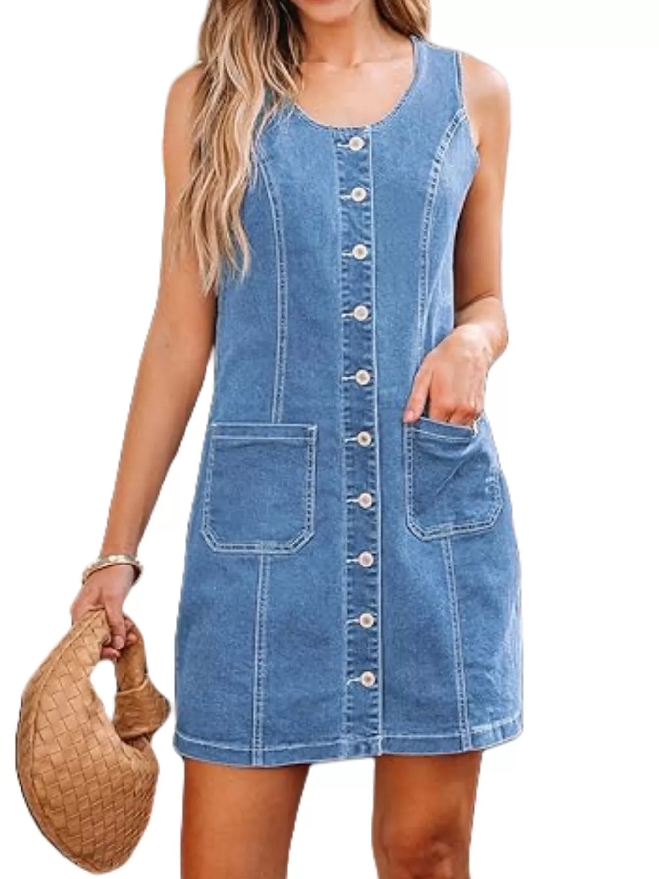 Button-Front Sleeveless Denim Dress 