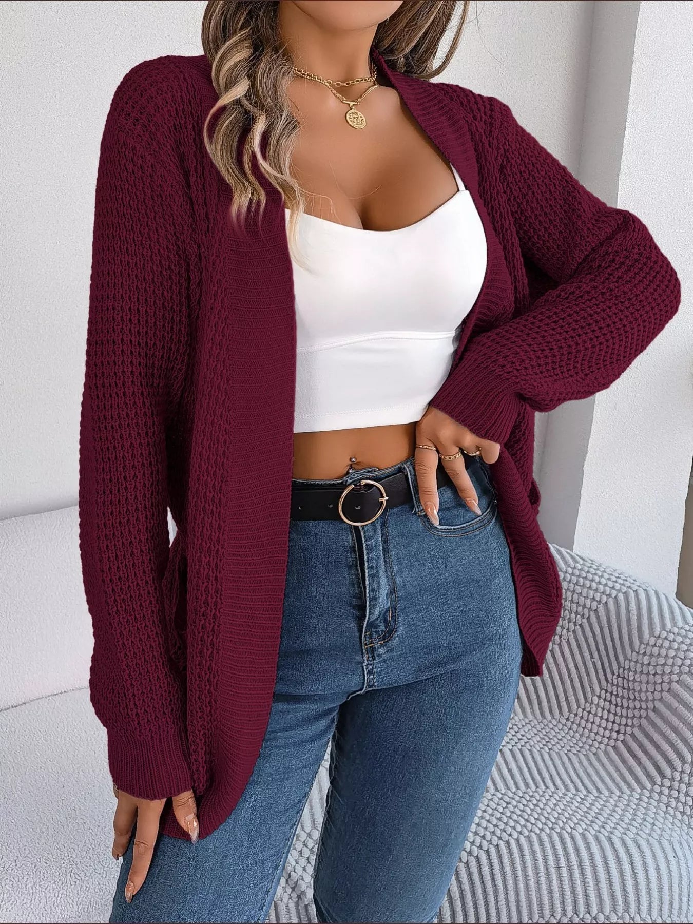 Chunky Knit Open Front Cardigan with Pockets 