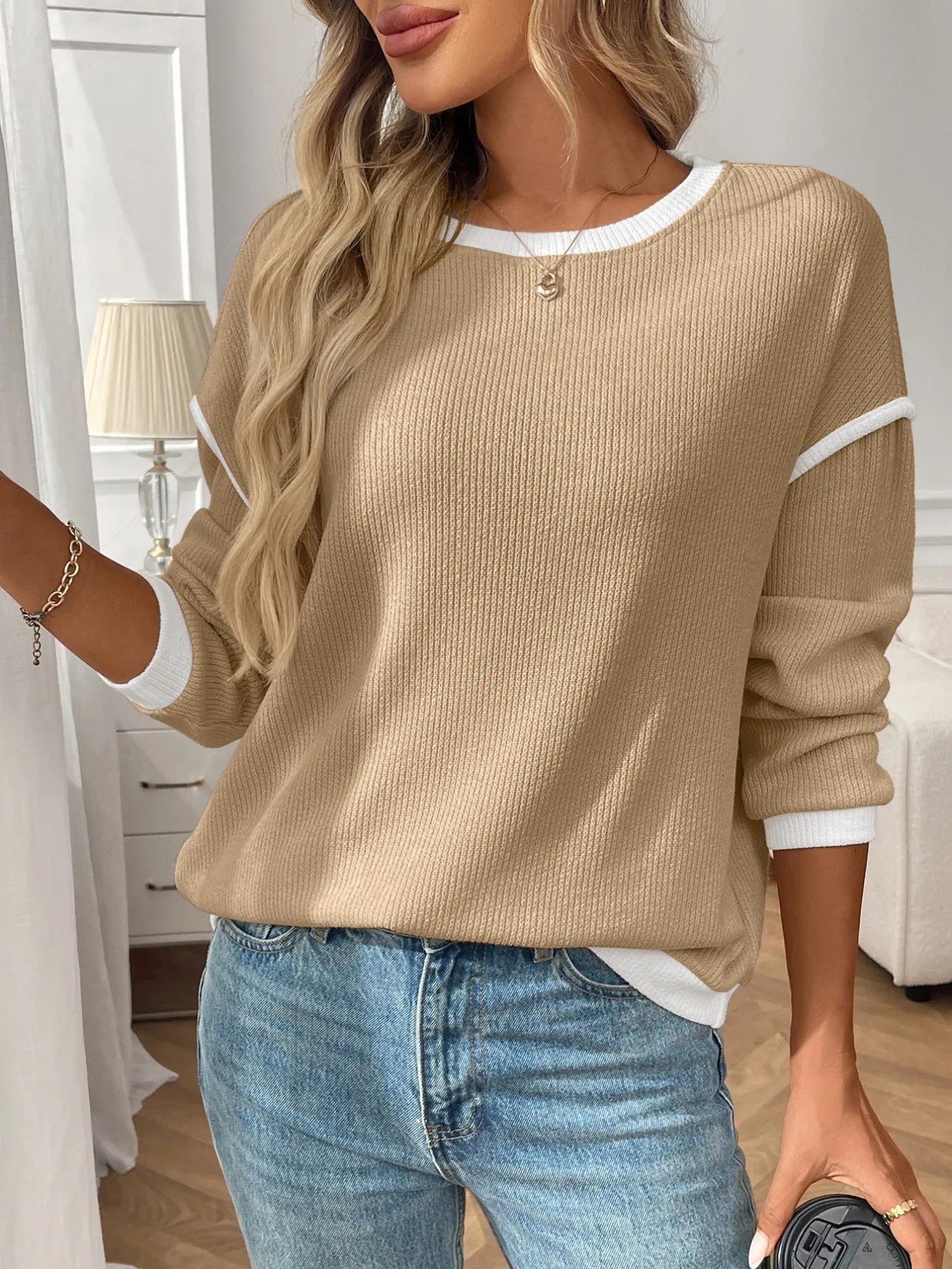 Ribbed Contrast Trim Long Sleeve Top 