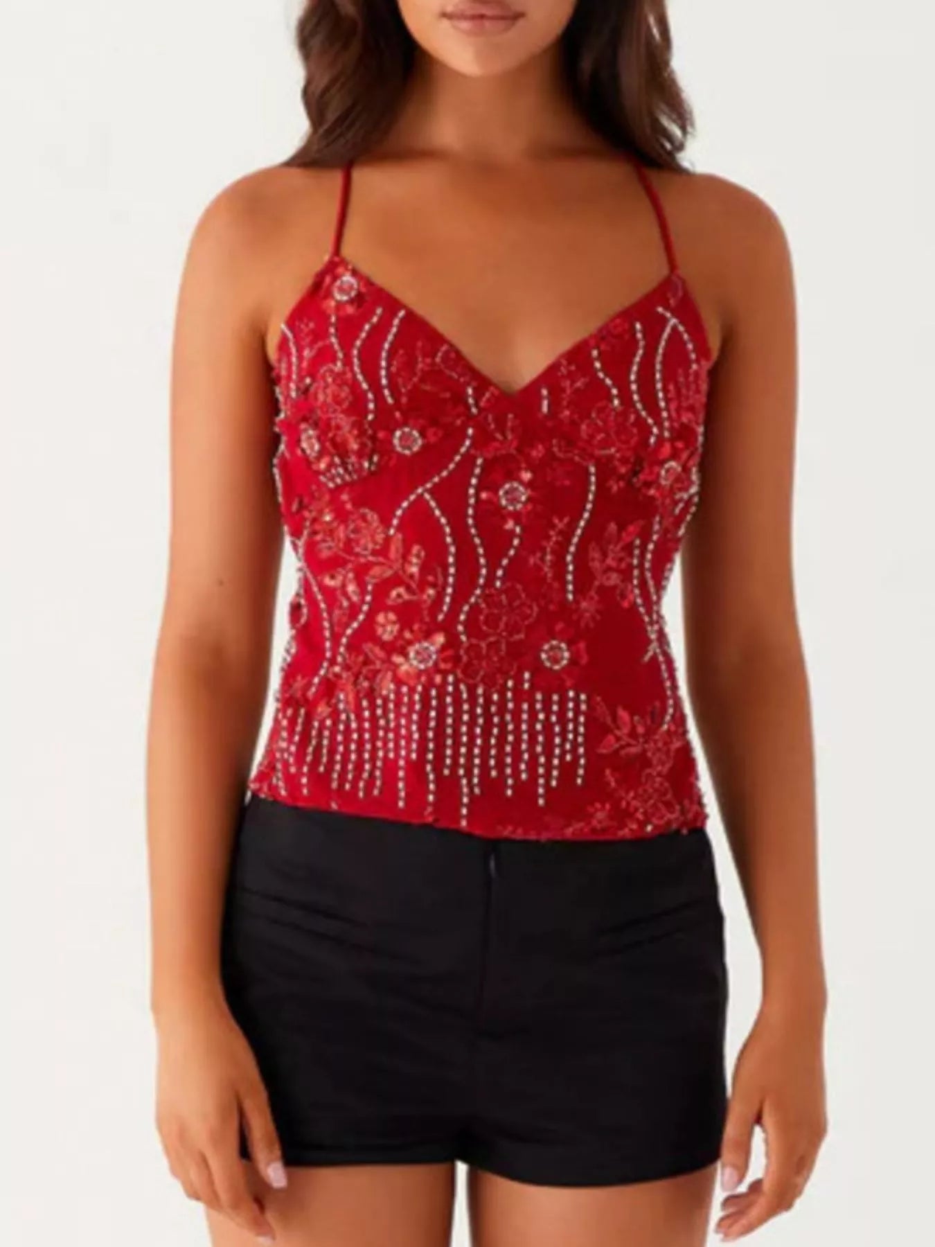 Floral Lace Up Back V-Neck Cami 