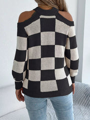 Cold Shoulder Checkered Long Sleeve Sweater 