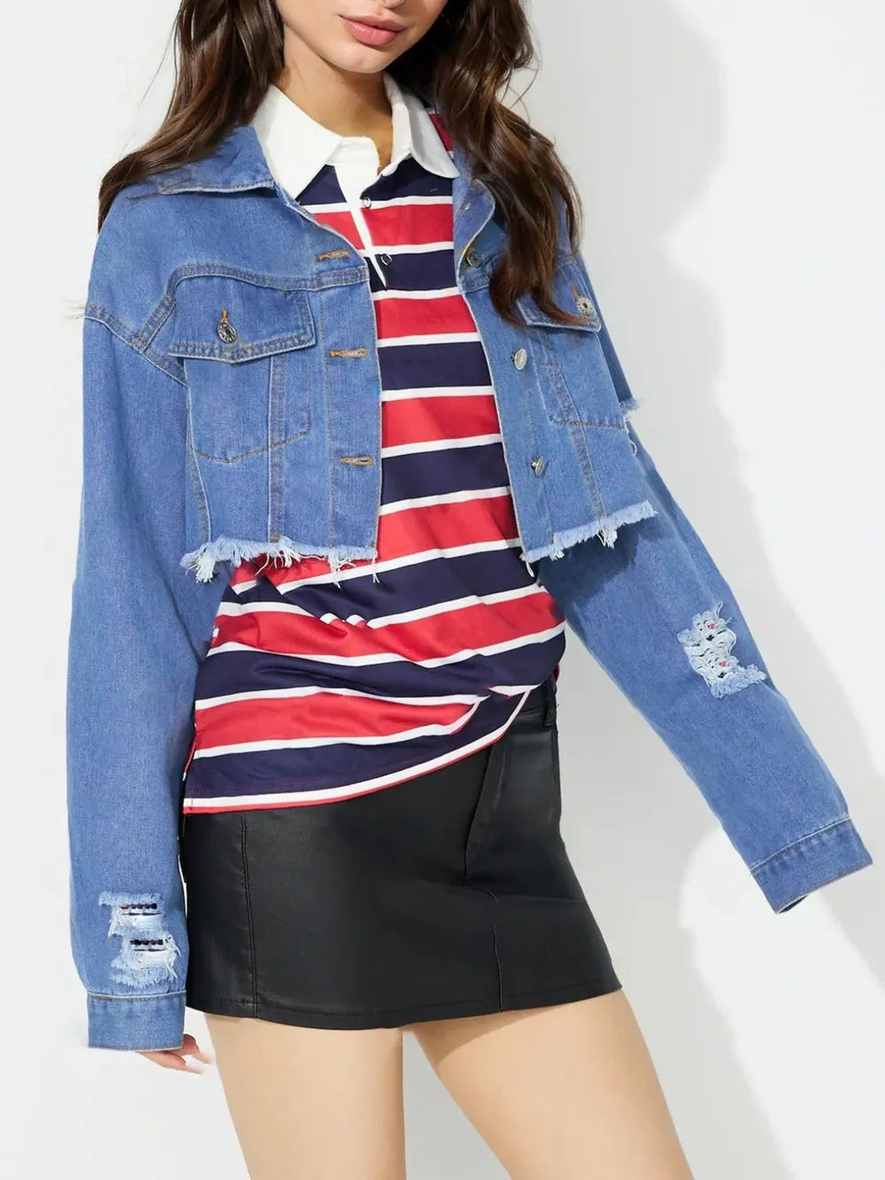 Raw Hem Collared Neck Cropped Denim Top 