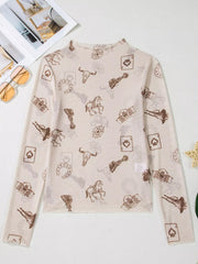 Western Print Slim Fit Mesh Long Sleeve Mock Neck Top 