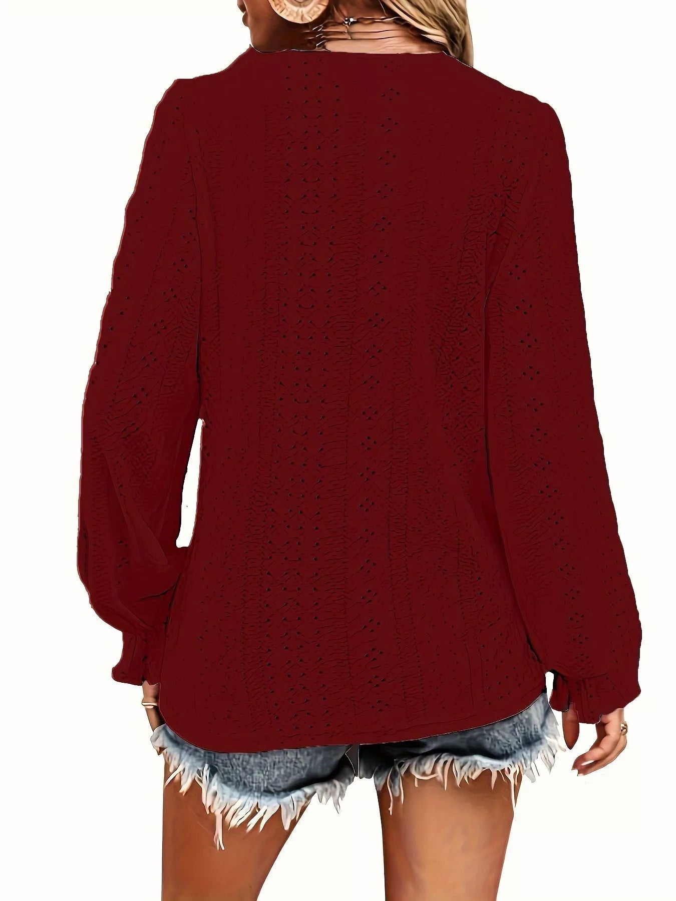 Plus Size Eyelet V-Neck Flounce Sleeve Blouse 