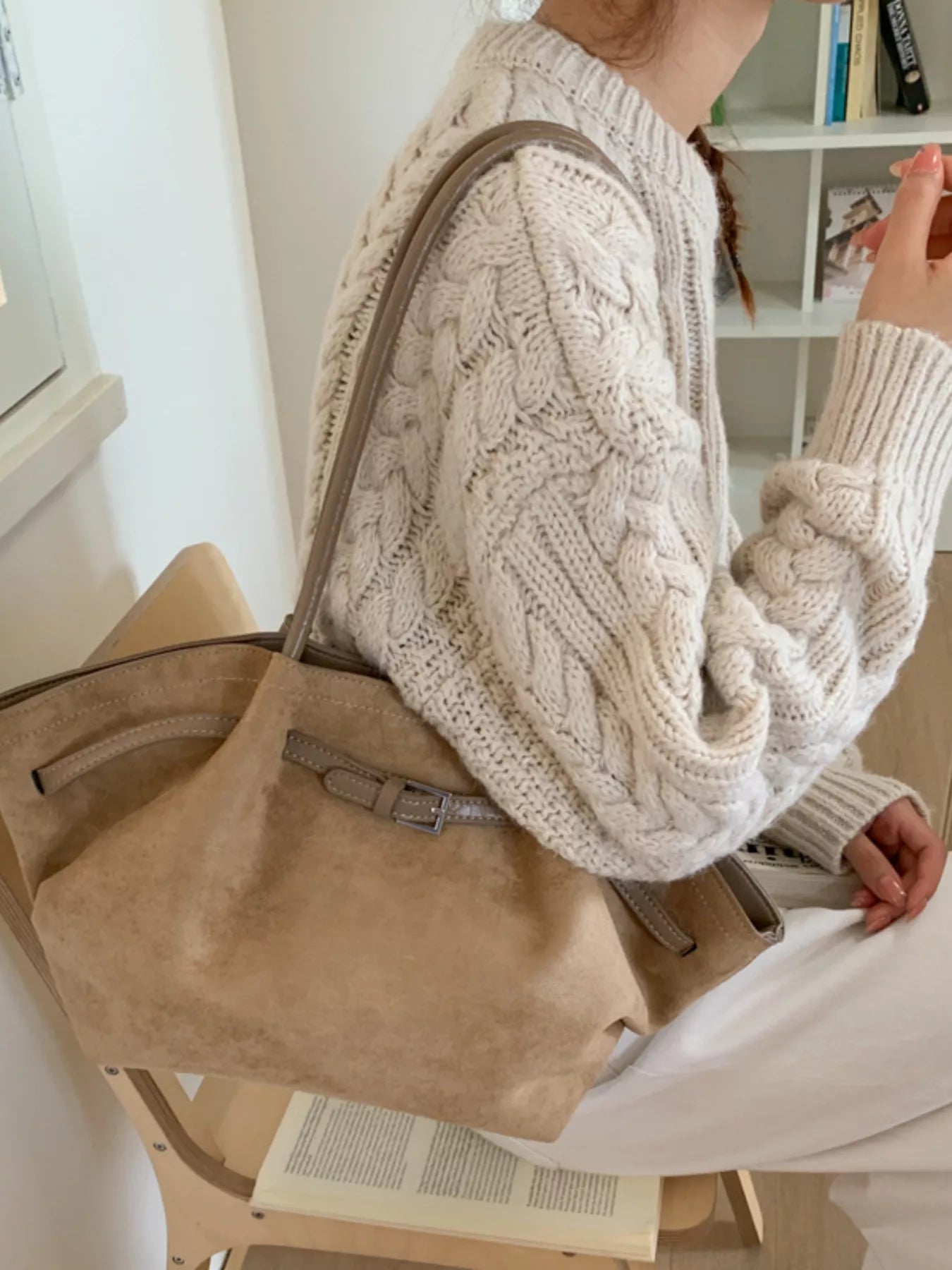 Solid Color Buckle Tote Bag 
